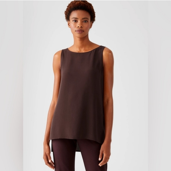 Eileen Fisher Express Silk Georgette Crepe Bateau Neck Long Shell